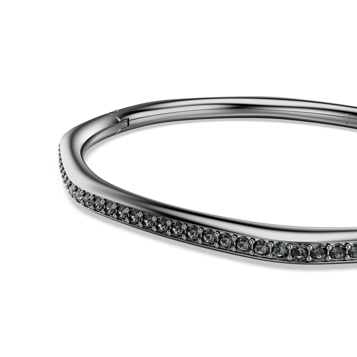 A close-up of the Swarovski Dextera bangle, featuring an octagon shape and round white crystals set in ruthenium-plated metal, displayed against a plain white background.