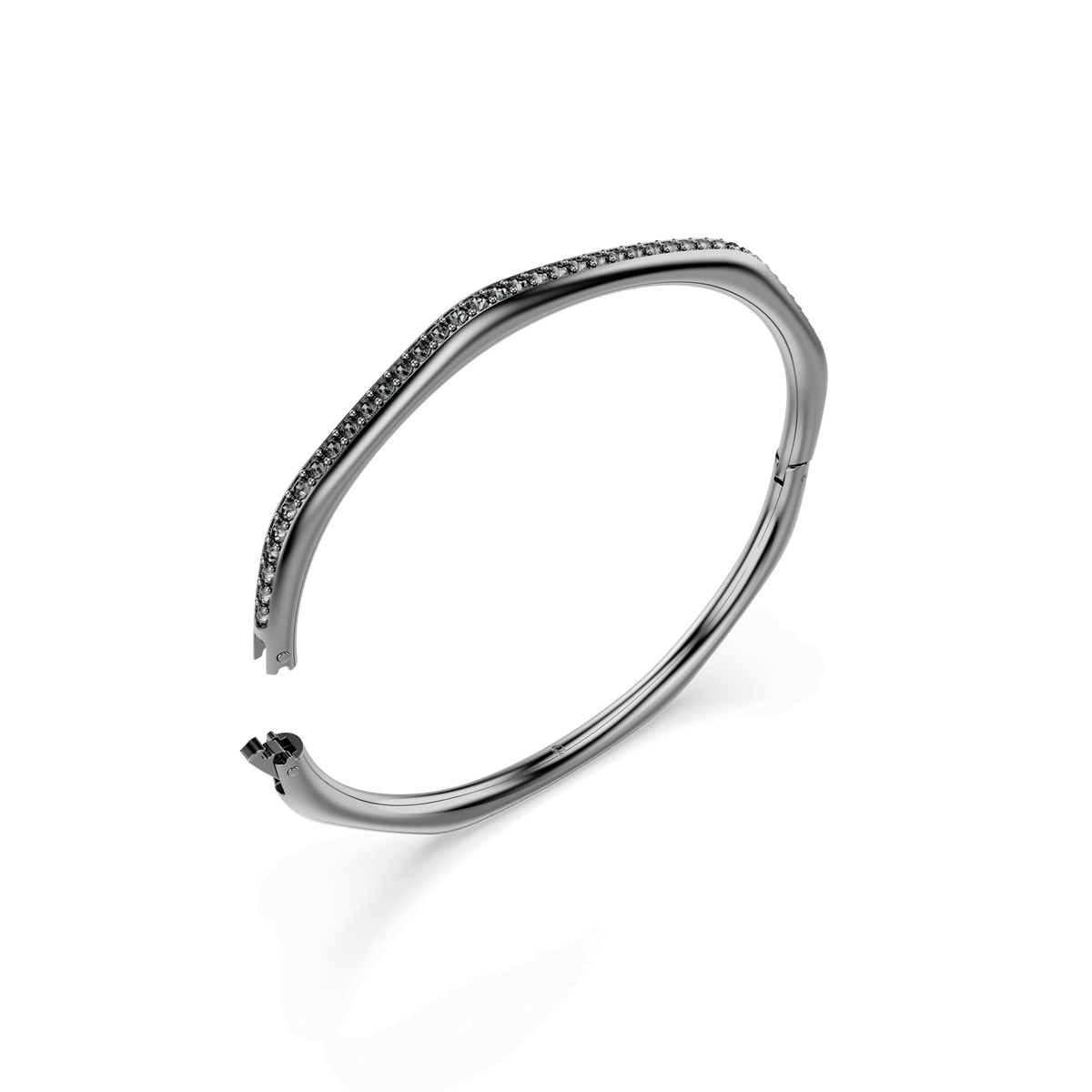 A modern, ruthenium-plated Swarovski Dextera bangle with an octagon-shaped, slightly twisted silhouette and sparkling round-cut white crystals along the top edge, showcased against a plain white background.