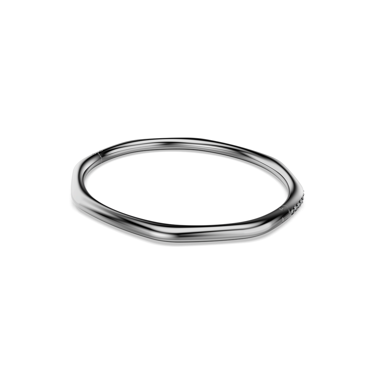 A minimalist Swarovski Dextera bangle, featuring an octagon shape with round-cut white crystals and a ruthenium-plated finish, is displayed on a plain white background.