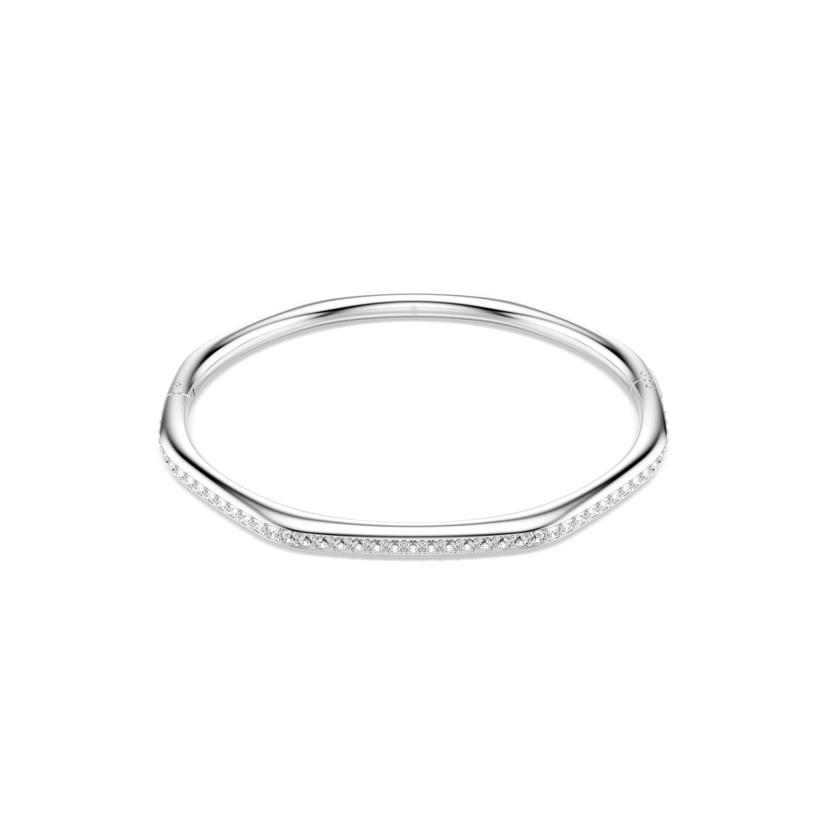 The Swarovski Dextera bangle features an elegant octagon shape with a geometric design, adorned with a row of sparkling round-cut white crystals along one edge. Crafted with a lustrous rhodium plated finish, this sleek silver bracelet from Swarovski is beautifully showcased on a plain white background.