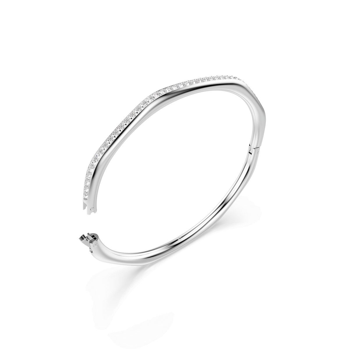 A sleek Swarovski Dextera bangle by Swarovski, featuring an octagon shape and sparkling round-cut white crystals along the top edge, elegantly rhodium plated and showcased against a plain white background.