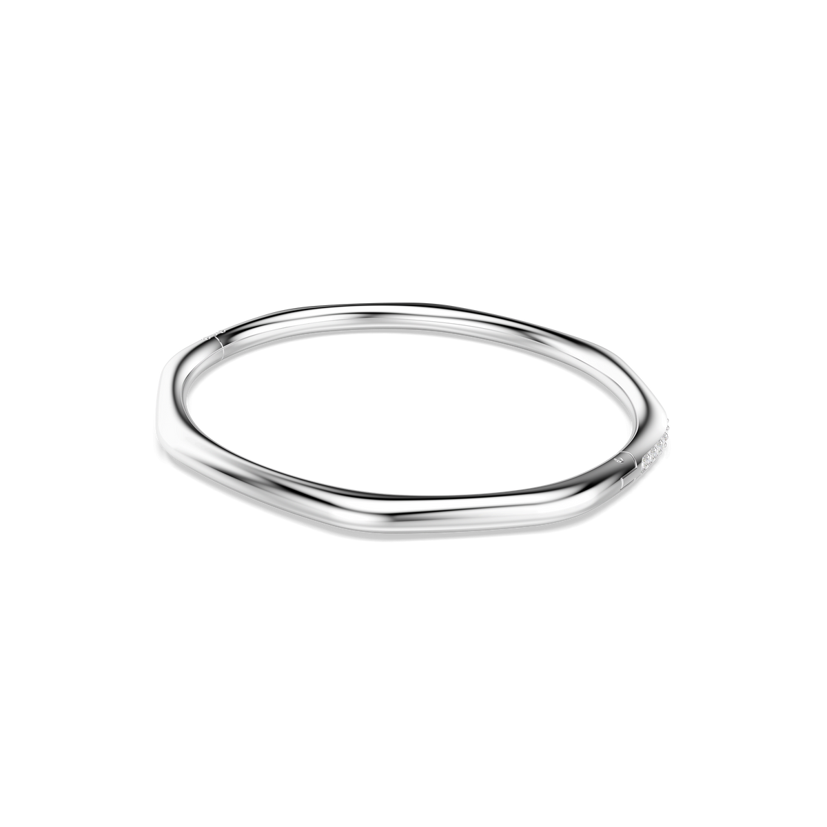 A sophisticated Swarovski Dextera bangle is showcased on a clean white background, featuring an octagon shape and refined round-cut, precision crystals. Finished in radiant rhodium plating, this elegant piece from Swarovski combines geometric allure with brilliant sparkle.