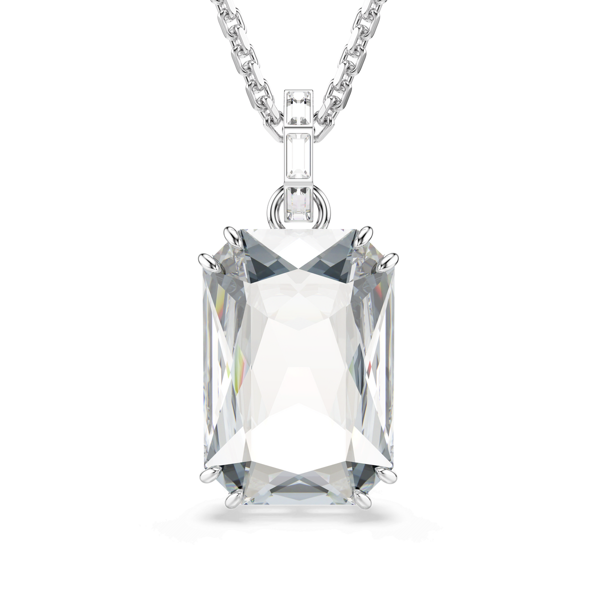 The Swarovski Millenia pendant features a large, octagon-cut clear gemstone in a prong setting, elegantly suspended from a rhodium-plated chain and showcased against a plain white background.