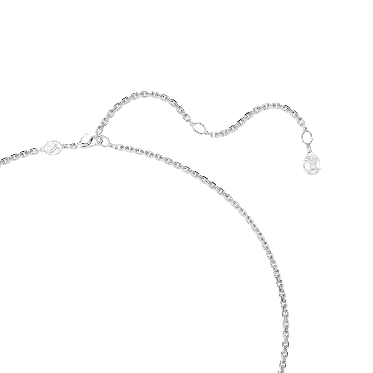 A close-up of the Swarovski Millenia pendant, featuring an octagon-cut white stone on a delicate rhodium plated chain with an adjustable clasp, displayed on a plain white background.