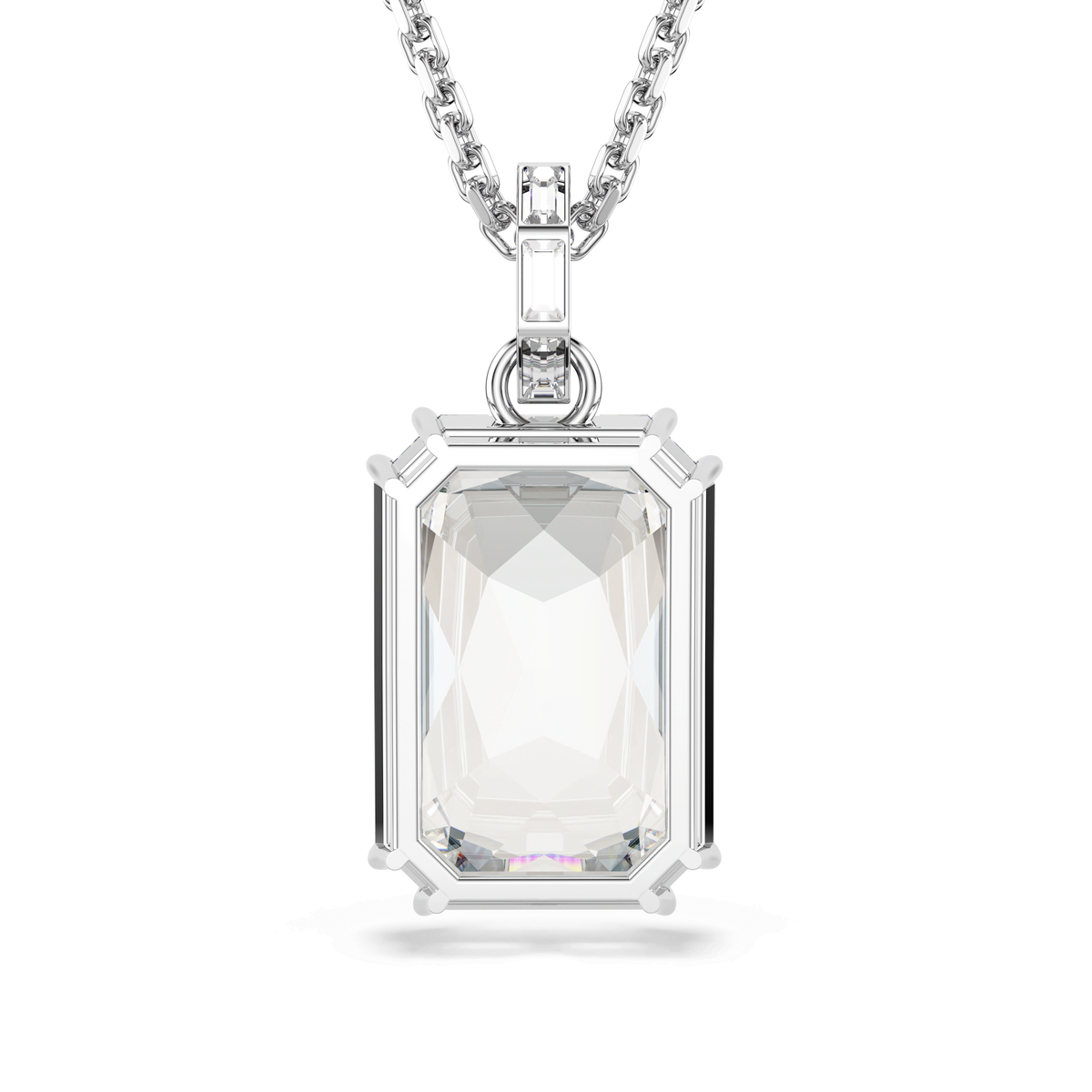 A Swarovski Millenia pendant necklace featuring an octagon-cut white crystal set in a rhodium-plated geometric prong setting, displayed against a plain white background.