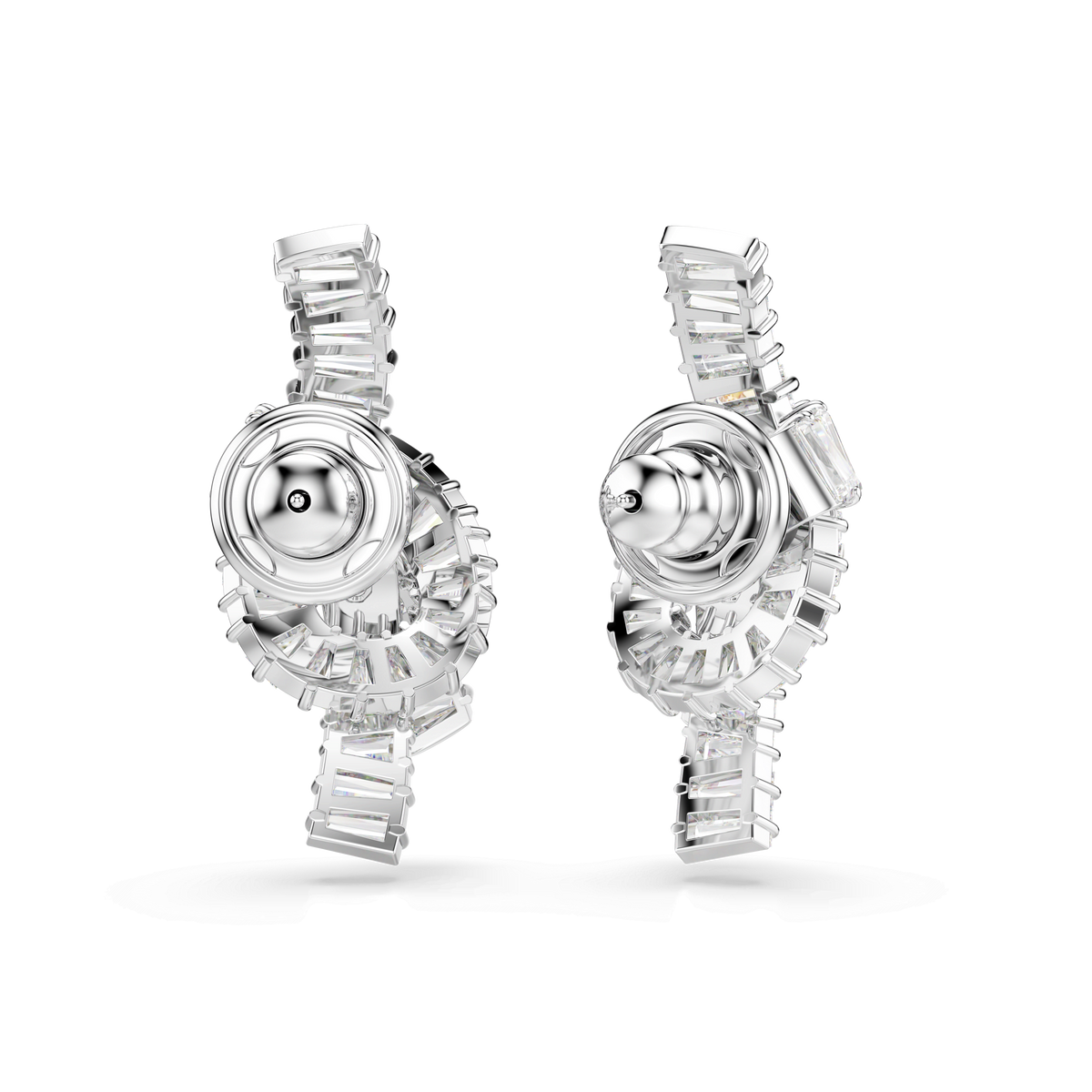 Two Swarovski Matrix earrings, featuring a sleek knot design with baguette-cut Swarovski Zirconia gems, are showcased against a plain white background. Each earring is expertly rhodium plated for a brilliant, luminous finish.