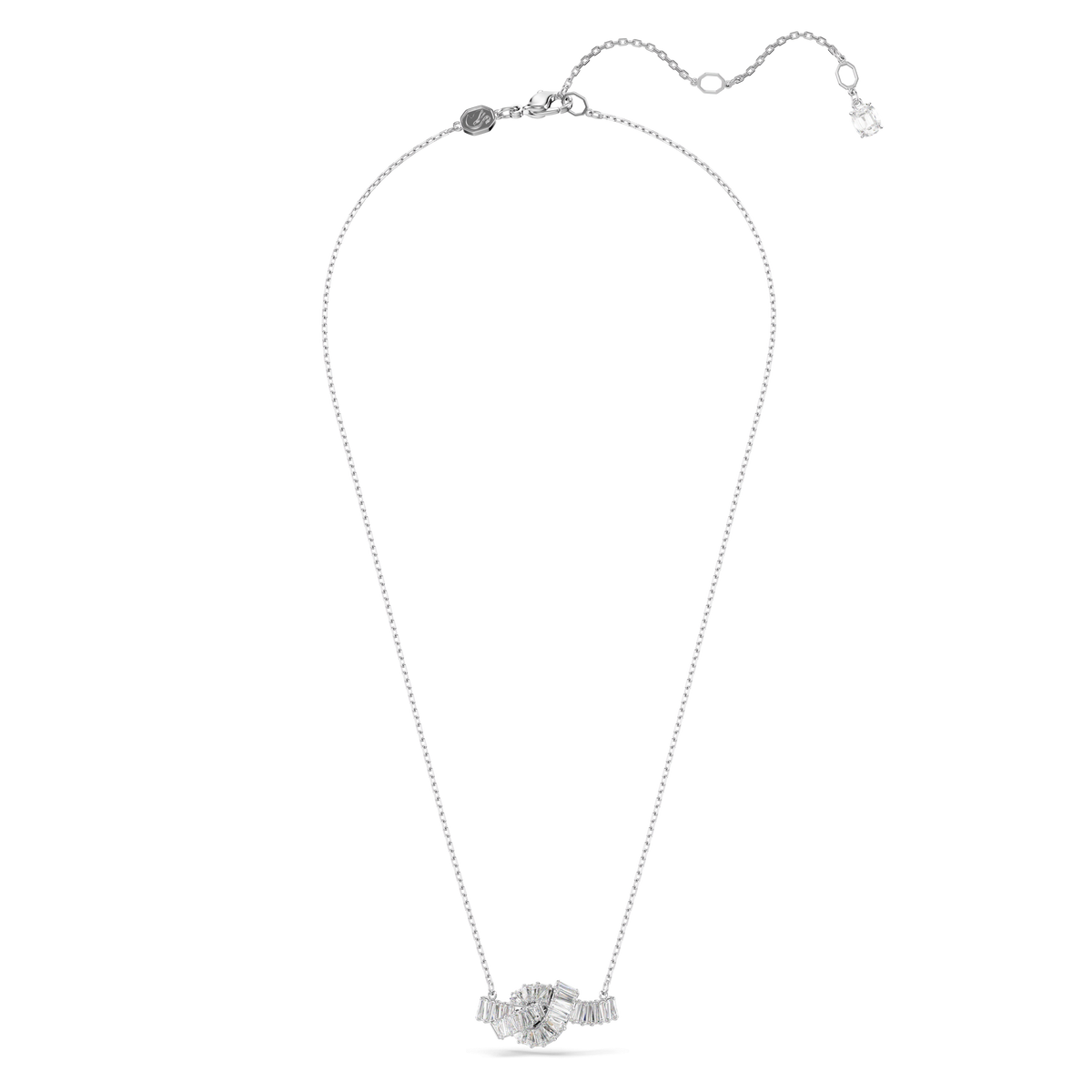A delicate Swarovski Matrix pendant necklace crafted in rhodium-plated silver, featuring a thin chain with a round, clear centerpiece accented by smaller baguette-cut stones and finished with an adjustable clasp and a small star charm at the end.