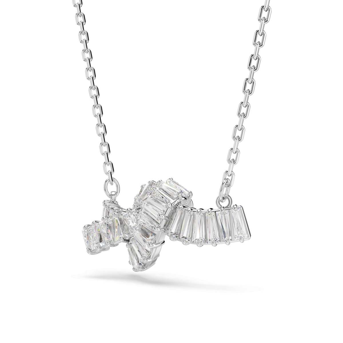 A Swarovski Matrix pendant from the Swarovski brand, featuring baguette-cut, clear gemstones in a knot-inspired abstract design, expertly rhodium plated in white for lasting shine.