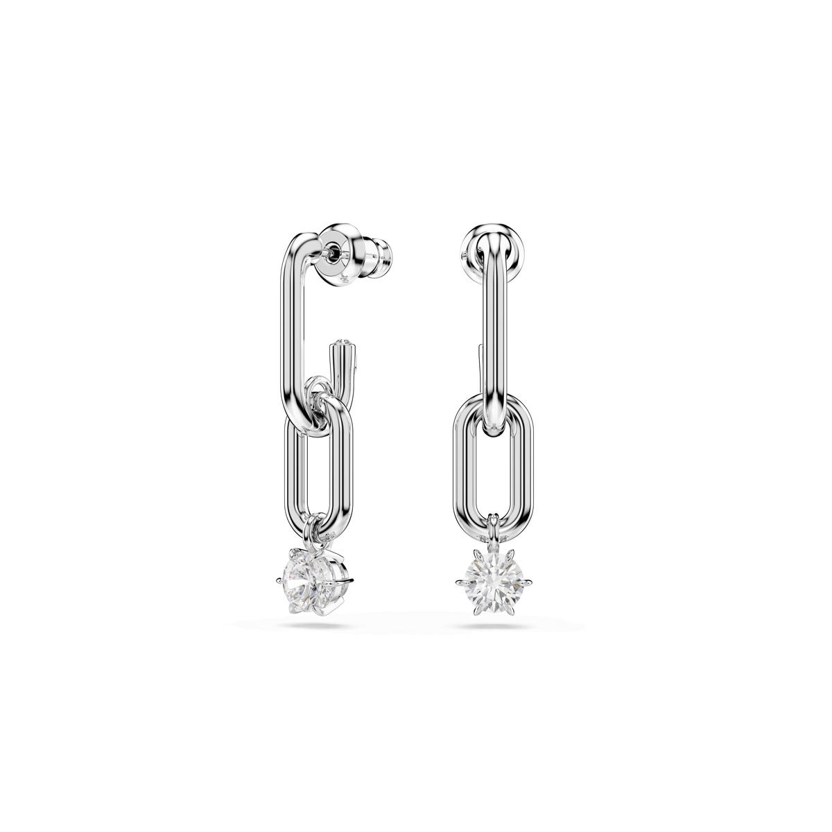 The Swarovski Constella drop earrings feature interconnecting links forming elongated chains, each adorned with a round, white stone that captures the brilliance of Swarovski’s signature craftsmanship. Finished with radiant rhodium plating, these Swarovski earrings are elegantly displayed against a plain white background.