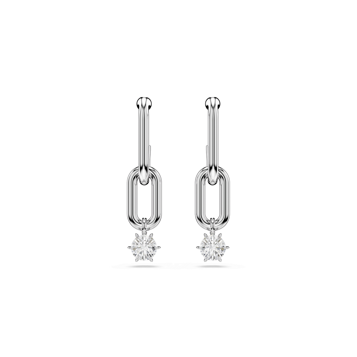 A pair of Swarovski Constella drop earrings, featuring interconnecting rhodium-plated links and a single round white sparkling gemstone suspended at the bottom of each, showcased against a plain white background.