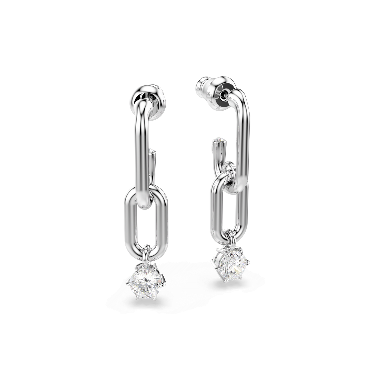 The Swarovski Constella drop earrings by Swarovski showcase interconnecting links and elongated oval shapes, each adorned with a sparkling round-cut Swarovski Zirconia at the bottom. These rhodium-plated earrings are elegantly displayed against a plain white background.