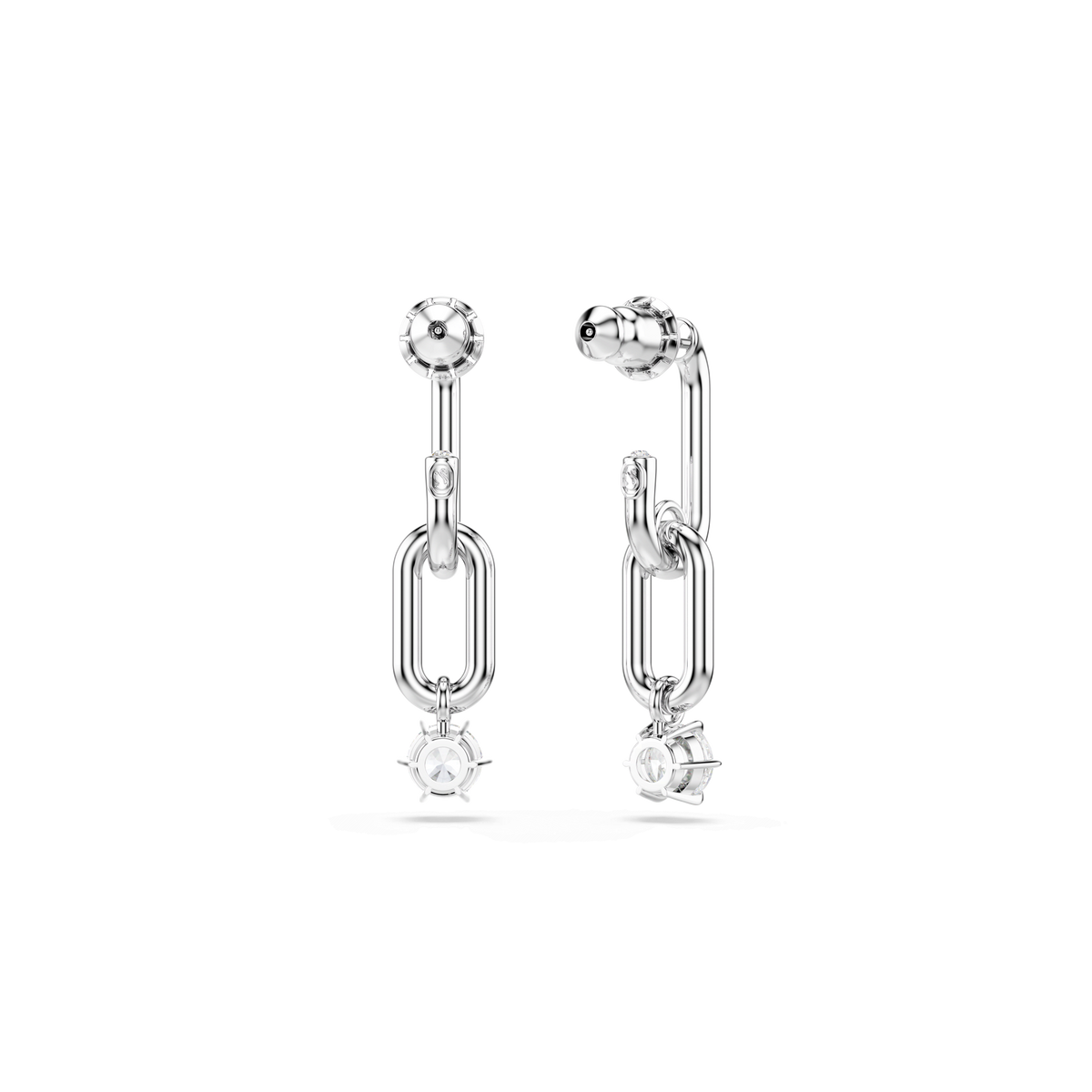 A pair of Swarovski Constella drop earrings by Swarovski, featuring round-cut white gemstones, a distinctive chain design with interconnecting links, and a rhodium-plated finish, displayed on a plain white background.