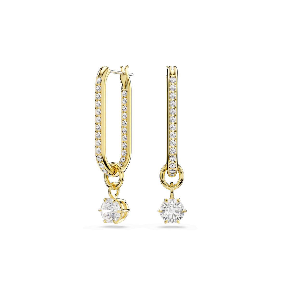 A pair of Swarovski Constella drop earrings, featuring one 18K gold-finished pavé hoop accented with a row of sparkling white stones and the other showcasing a dangling round-cut Swarovski Zirconia in a gold setting, both elegantly displayed against a clean white background.