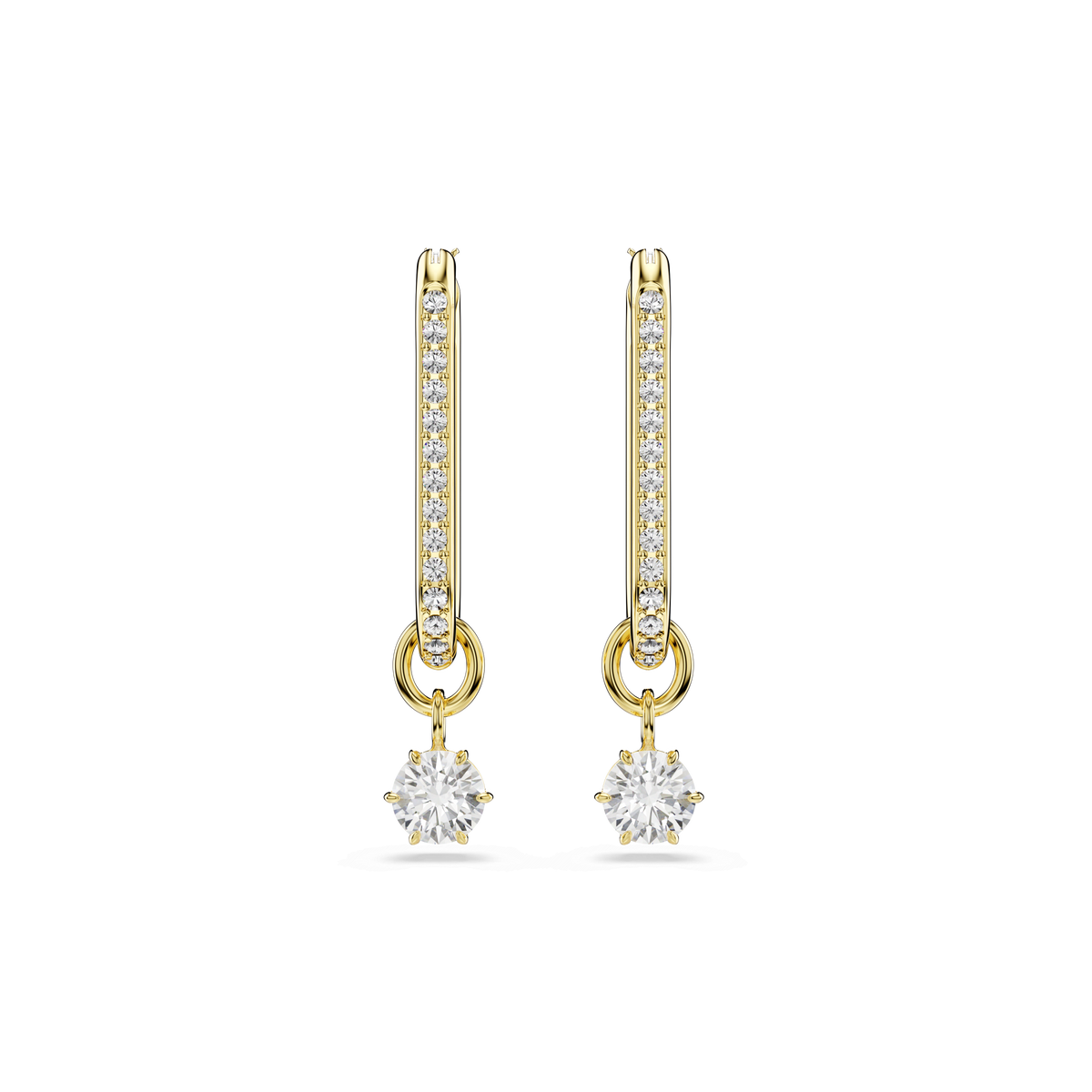 Swarovski Constella drop earrings by Swarovski feature a round cut white Swarovski Zirconia that dangles from an 18K gold finish hoop adorned with a row of small pavé gemstones, shown on a plain white background.