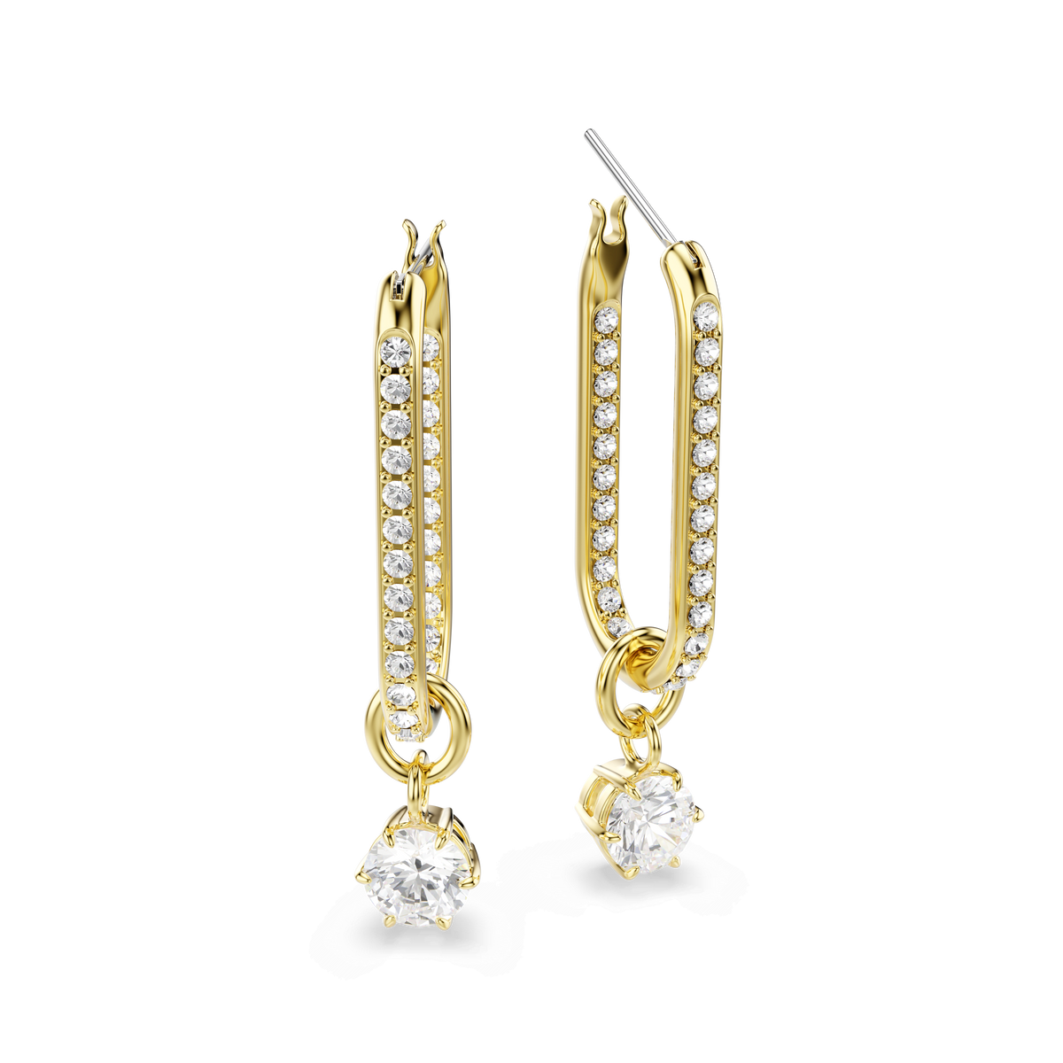 Swarovski Constella drop earrings, featuring round-cut white stones and an 18K gold finish with pavé-set accents and a dangling gemstone at the bottom, photographed against a white background.