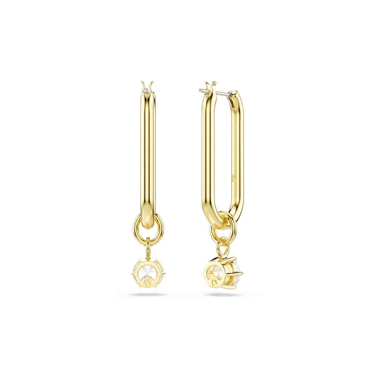 A pair of Swarovski Constella drop earrings, featuring round-cut white crystals and an 18K gold finish, displayed on a plain white background.
