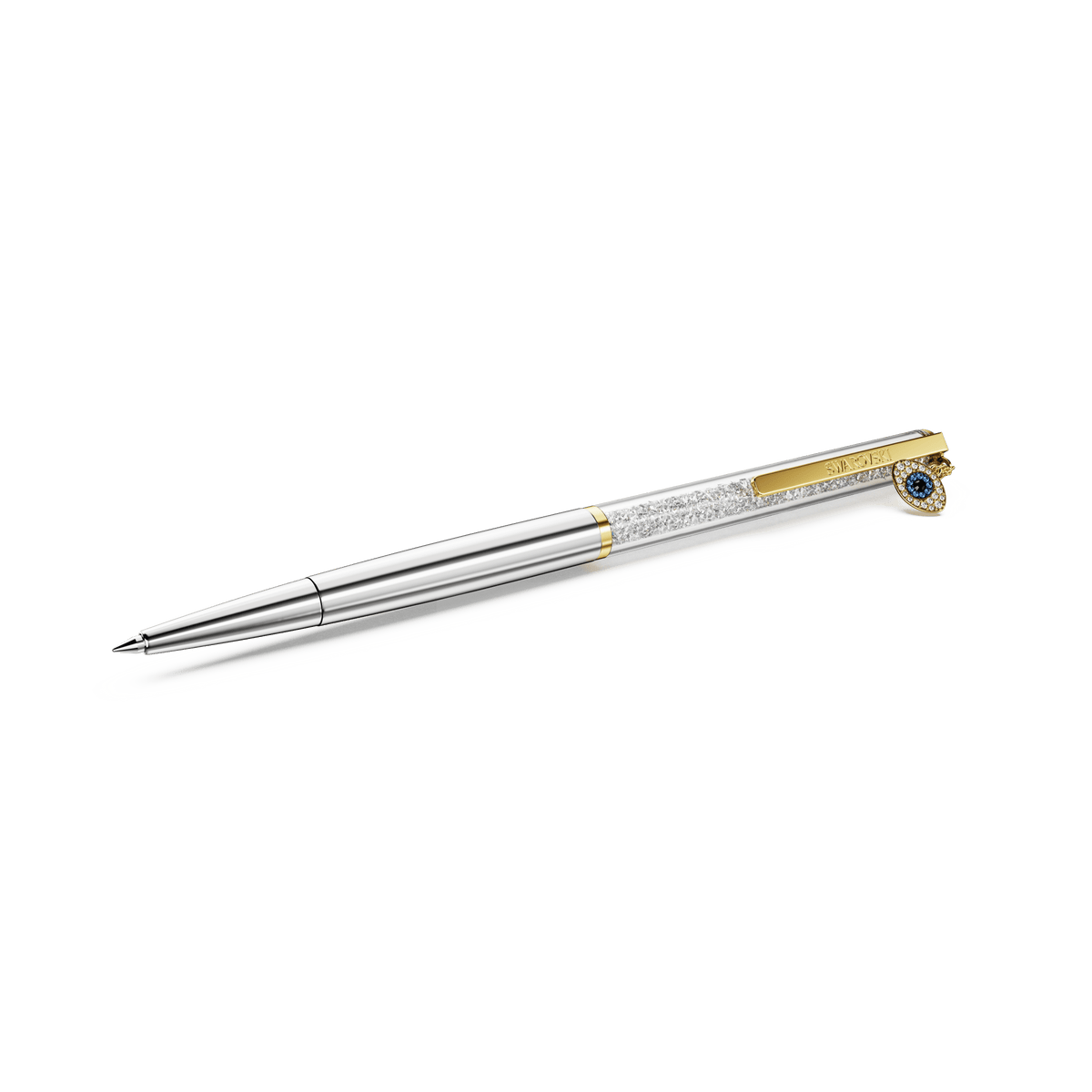 A luxurious Swarovski Crystalline ballpoint pen, featuring gold-tone accents, mixed metal finish, and an intricate blue “Evil Eye” detail on the clip, elegantly displayed against a white background.