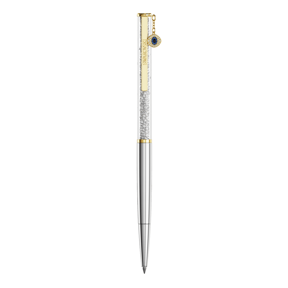 The Swarovski Crystalline ballpoint pen features a gold-tone, mixed metal finish with a transparent barrel filled with Swarovski crystals, and is adorned with a small evil eye charm accented by a blue center near the top.