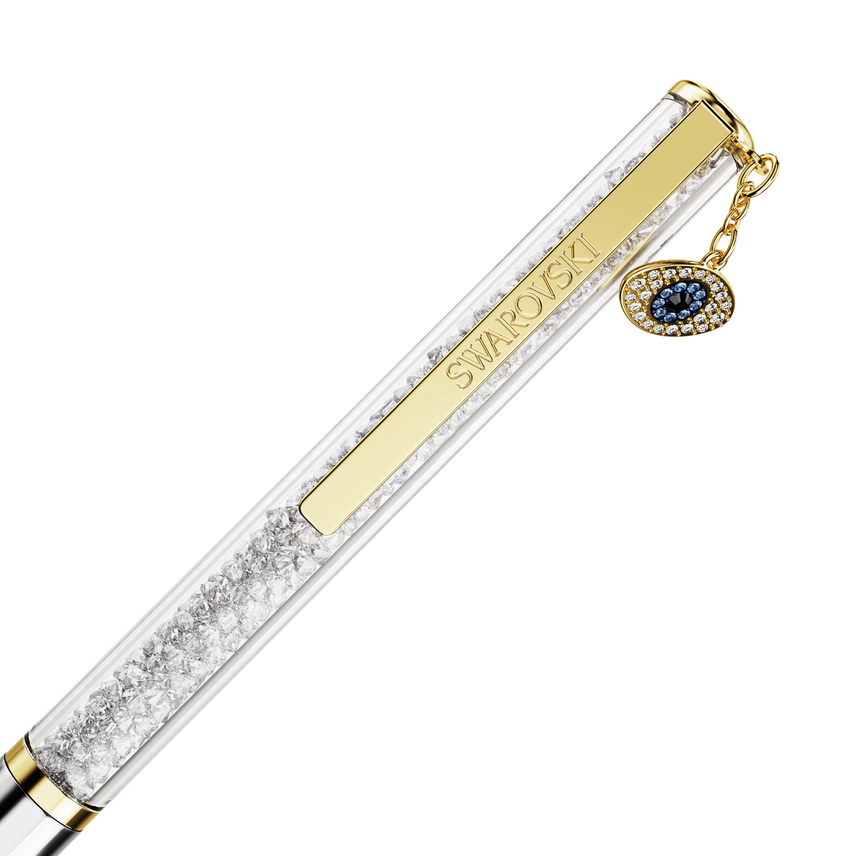 Introducing the Swarovski Crystalline ballpoint pen, Evil eye edition—a slender gold-tone pen by Swarovski, featuring a barrel filled with shimmering crystals, a gold tag engraved with the brand name, and a dangling blue and white evil eye charm.