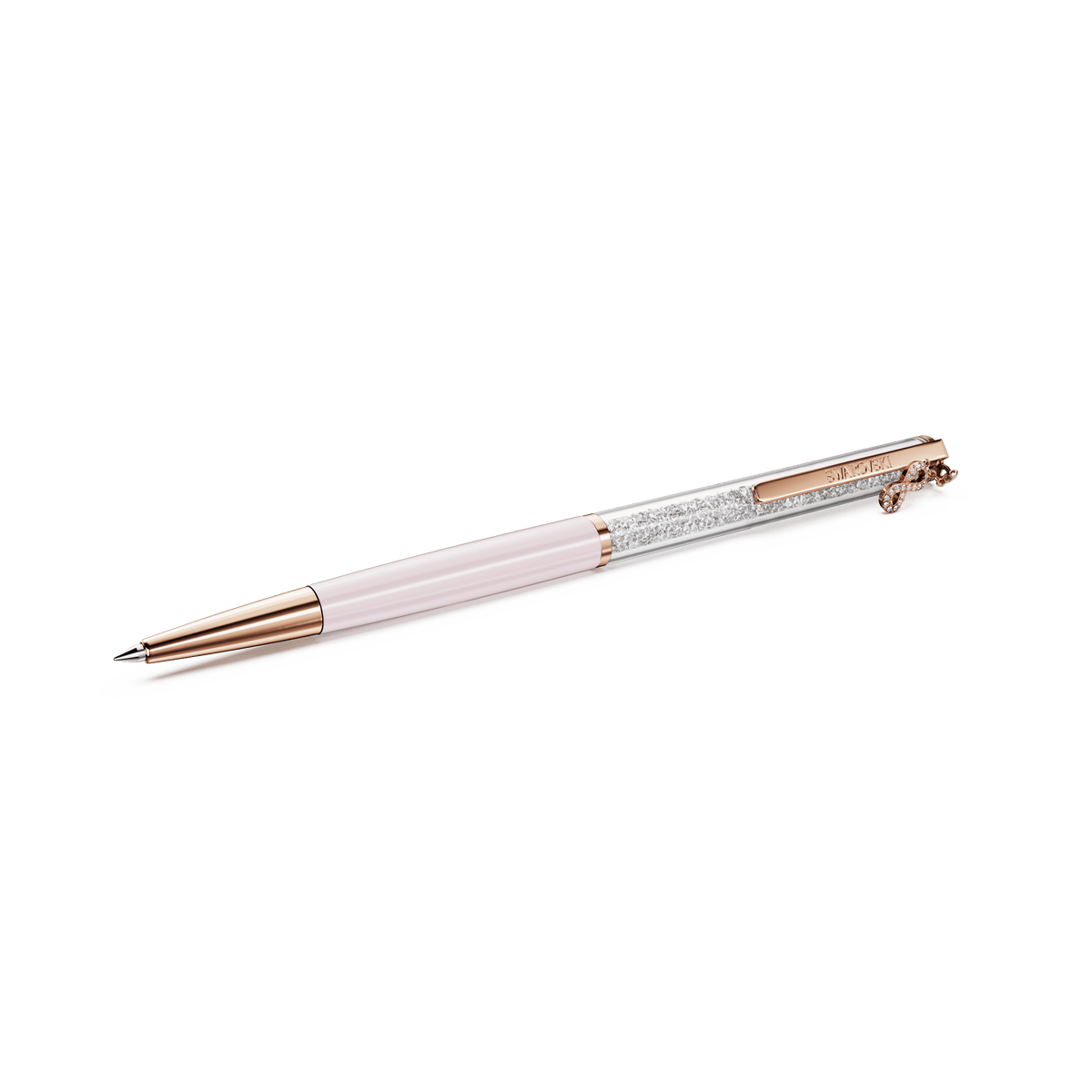 The Swarovski Crystalline ballpoint pen, Infinity edition, by Swarovski features a slim pink lacquered body with rose gold-tone plating and a decorative clip embellished with sparkling Swarovski elements, displayed on a plain white background.