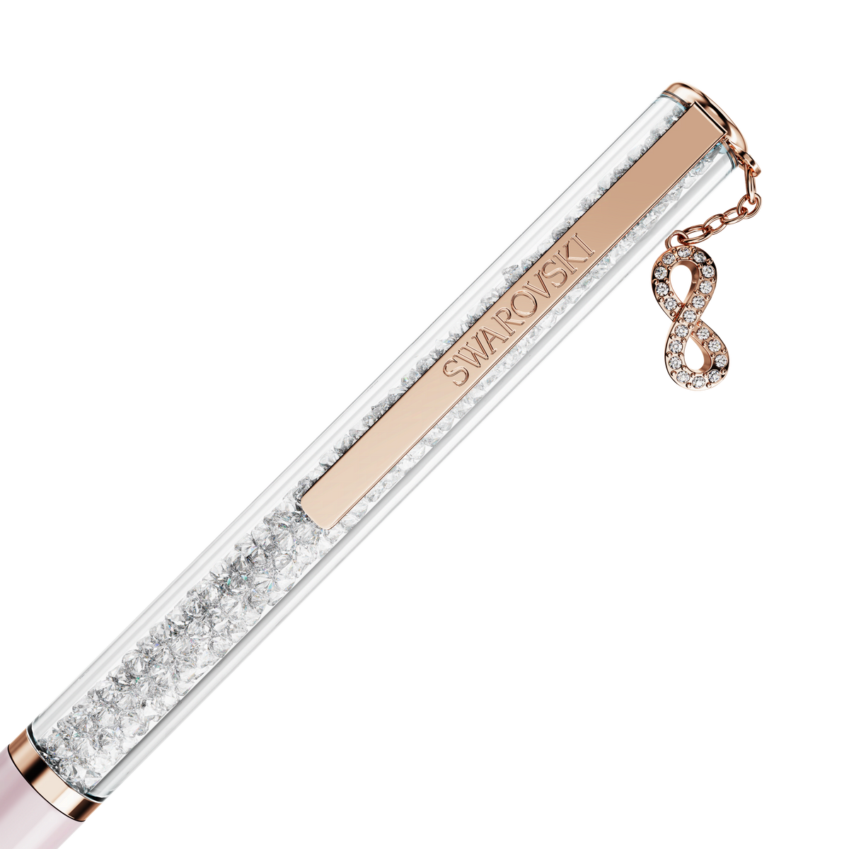 The Swarovski Crystalline Infinity ballpoint pen features a pink lacquered barrel filled with dazzling crystals, a rose gold-tone plated clip, and an infinity symbol charm adorned with sparkling crystals suspended from the top. Its slimline design ensures both style and comfort, making it an elegant writing accessory.