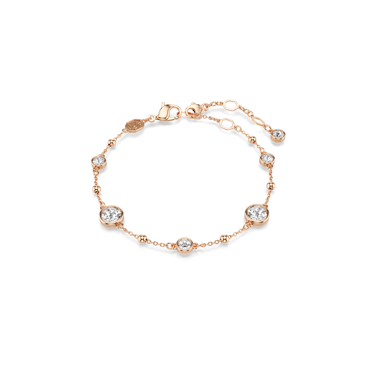 The Swarovski Imber bracelet showcases round-cut white crystals set in an 18K rose gold finish, featuring an adjustable chain with a lobster clasp. It is displayed against a plain white background.