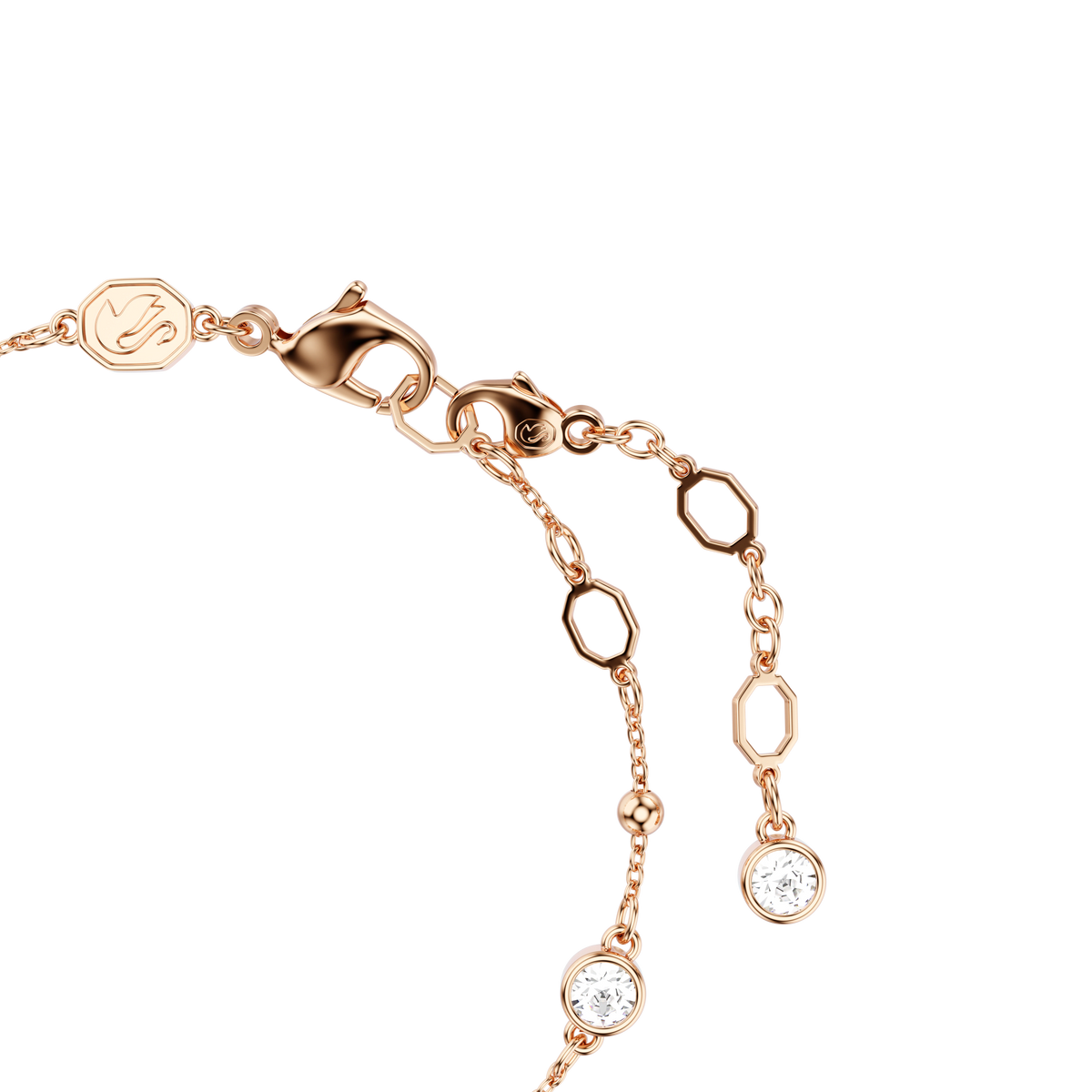 A Swarovski Imber bracelet with round-cut white crystals and hexagonal links, crafted with an 18K rose gold finish and secured by a lobster clasp, displayed against a plain white background.