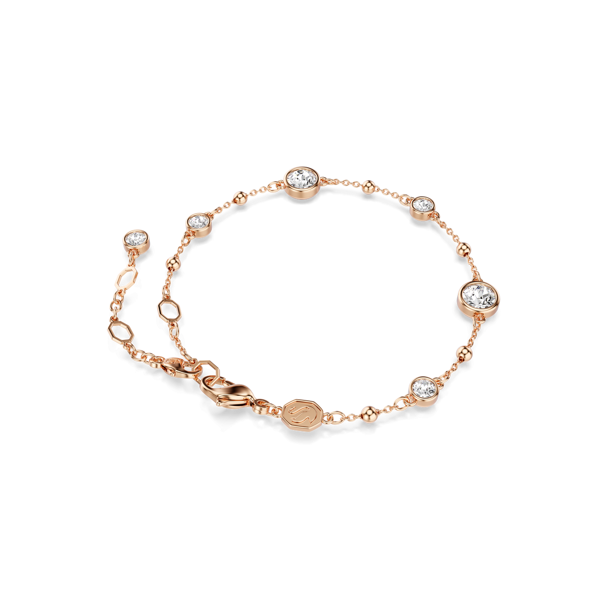 The Swarovski Imber bracelet features a fine chain in an 18K rose gold finish, adorned with evenly spaced round white Swarovski crystals and completed with a circular charm and lobster clasp.