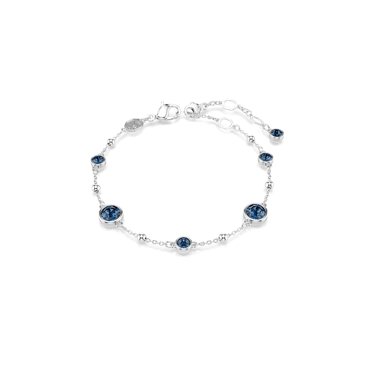 Introducing the Swarovski Imber bracelet by Swarovski—a delicate silver-tone piece featuring six evenly spaced round blue stones, elegantly set on a rhodium-plated adjustable chain with a small charm near the clasp. Presented on a plain white background, this exclusive piece is available only at Raffi Jewellers.