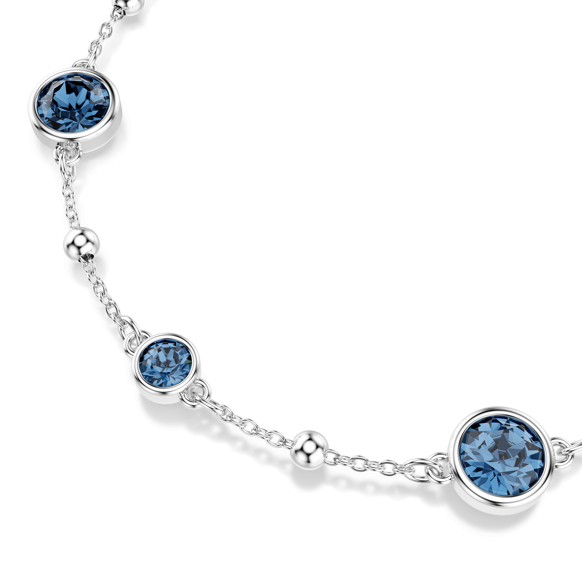 Adorned with blue round gemstones and delicate silver beads, this silver chain necklace shines beautifully against a pale backdrop. Echoing the refined craftsmanship associated with Swarovski, it features a durable rhodium plated finish for enduring brilliance and sophistication. The perfect complement to your favourite Swarovski Imber bracelet (Round cut, Blue, Rhodium plated), this necklace creates a harmonious and coordinated look.