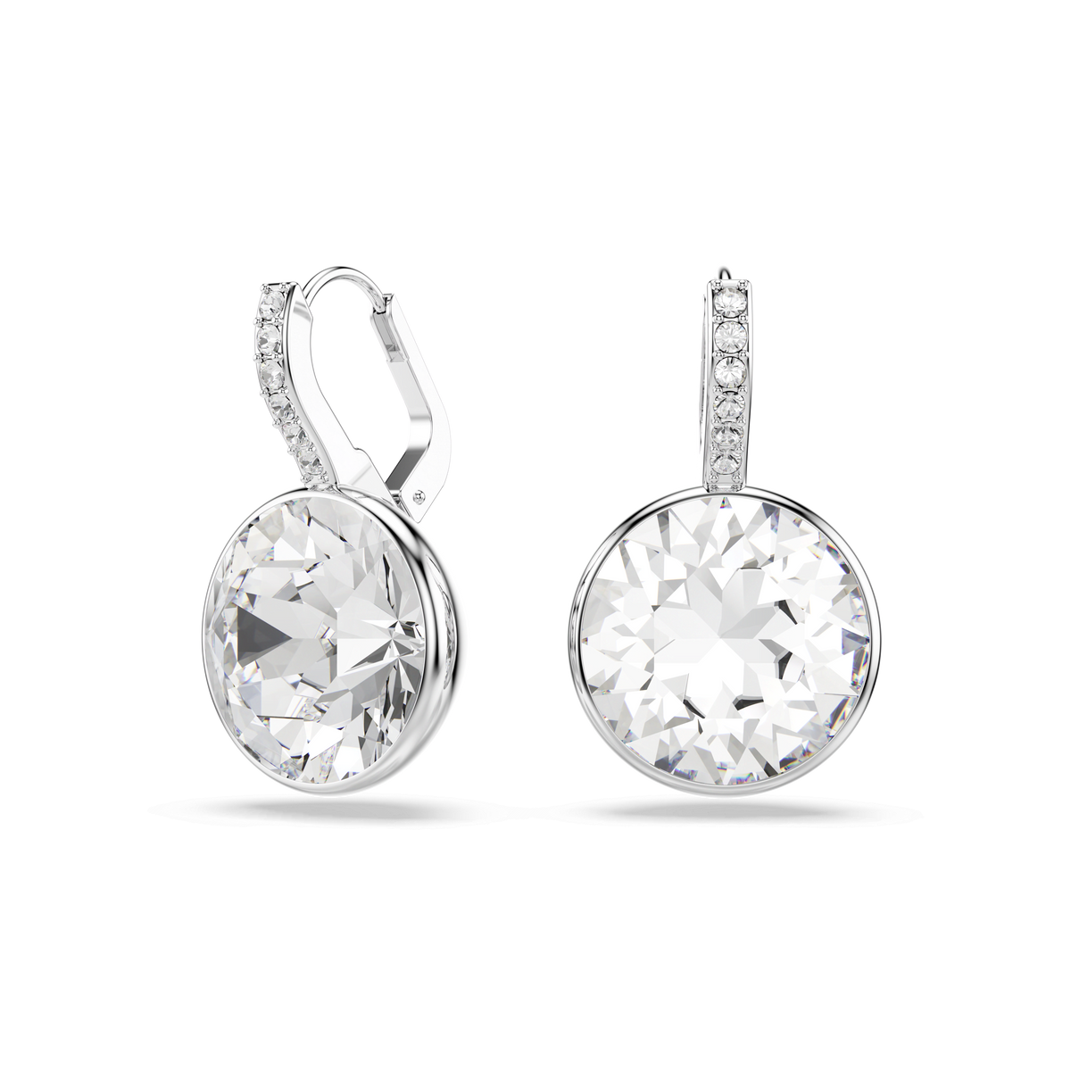 A pair of Swarovski Millenia drop earrings in white, crafted with a large round-cut crystal and a row of smaller stones on the rhodium-plated hooks, displayed on a plain white background.