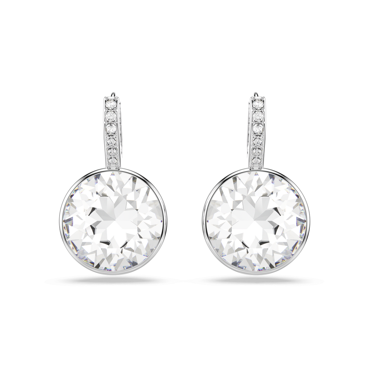 A pair of Swarovski Millenia drop earrings, crafted in rhodium plated metal with round cut white crystals, is displayed on a plain white background.