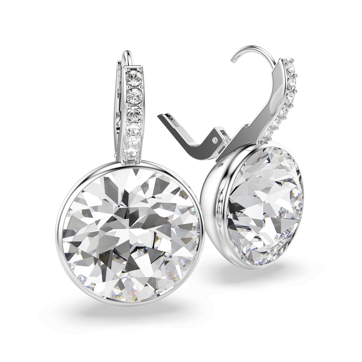 A pair of Swarovski Millenia drop earrings in white, featuring round-cut crystals and rhodium plating, with smaller stones accenting the lever-back closures, displayed against a plain white background.
