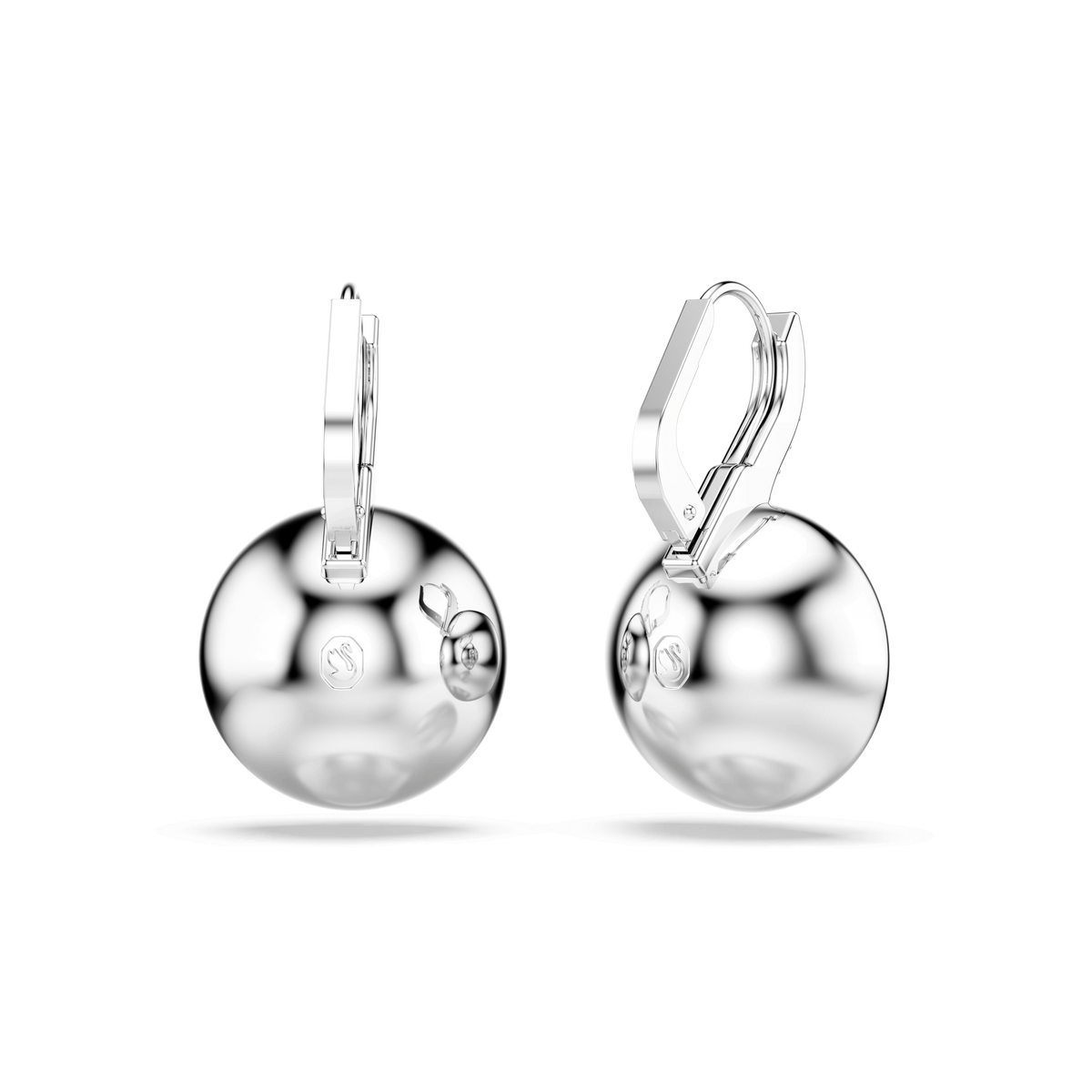 A pair of Swarovski Millenia drop earrings featuring round-cut white crystals and rhodium plating, showcased against a plain light gray background.
