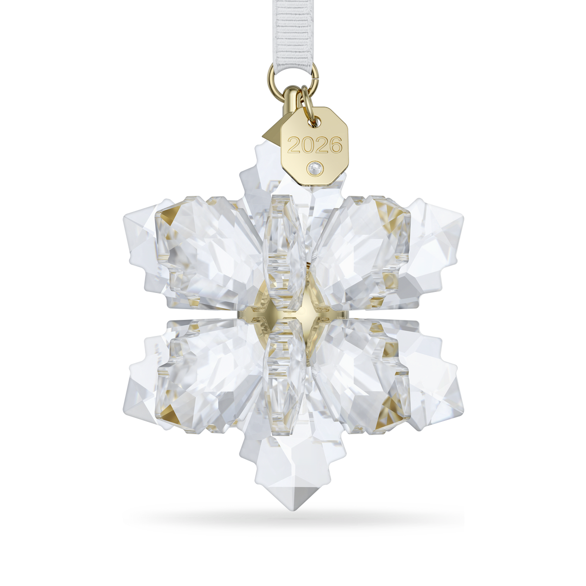 The Swarovski Annual Edition 3D Ornament 2026 is a stunning crystal snowflake ornament featuring a gold center and an elegant gold charm engraved with “2026.” Complete with a white hanging ribbon, this exquisite piece from Swarovski sparkles beautifully against a plain white background, making it the perfect Christmas ornament for 2026.