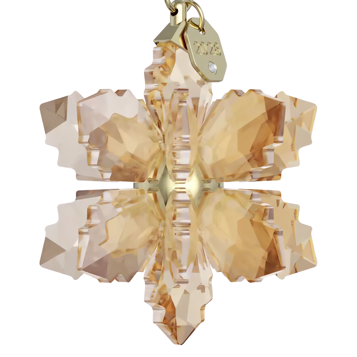 A close-up of a golden crystal snowflake ornament from the Swarovski Annual Edition Festive 3D Ornament 2026, featuring intricate facets and hanging from a metal loop with a small tag engraved with “2026.” This stunning 3D ornament by Swarovski captures the magic of the season in exquisite detail.