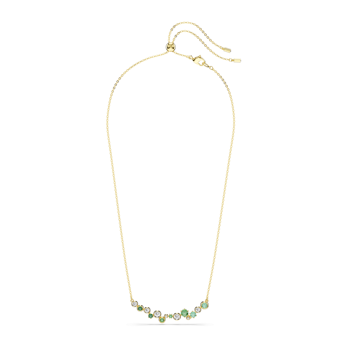 The Swarovski Constella necklace features mixed-cut green Swarovski Zirconia and clear gemstones arranged along the center, set on an adjustable 18K gold-finish chain—a radiant piece from Swarovski reminiscent of iconic designs.