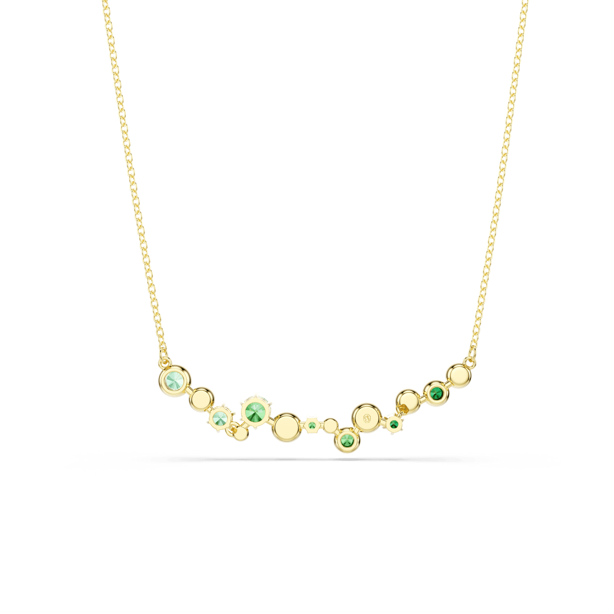 The Swarovski Constella necklace, featuring mixed-cut green Swarovski Zirconia in varying sizes, is elegantly arranged on a delicate chain with an 18K gold finish and showcased against a plain white background.
