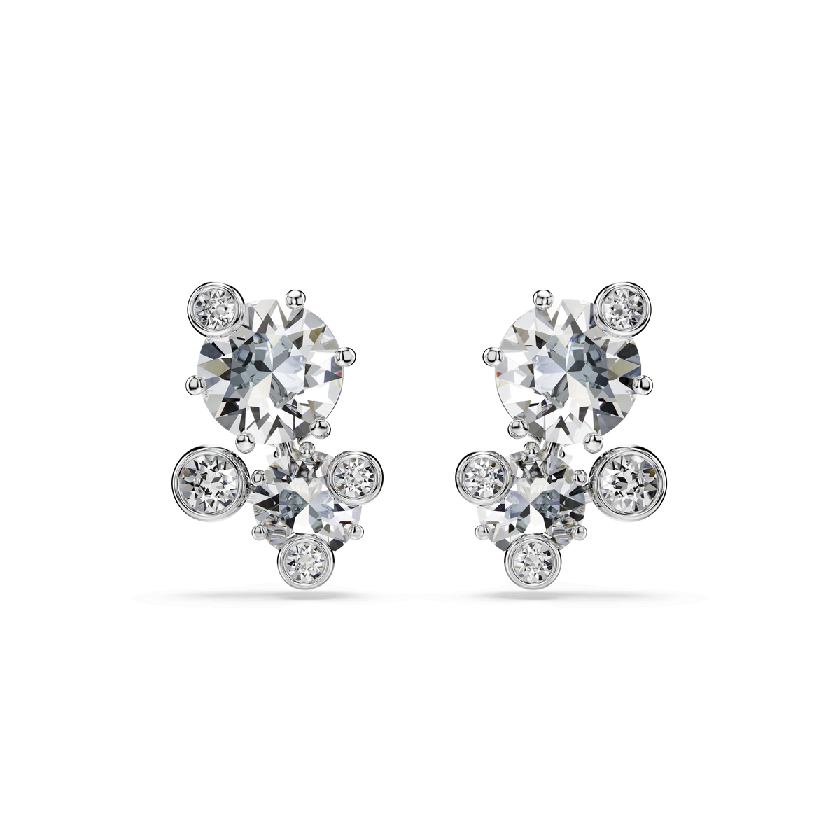 The Swarovski Constella stud earrings by Swarovski showcase multiple round, shimmering crystals in a dazzling clustered design, crafted with rhodium plating and elegantly displayed against a plain white background.