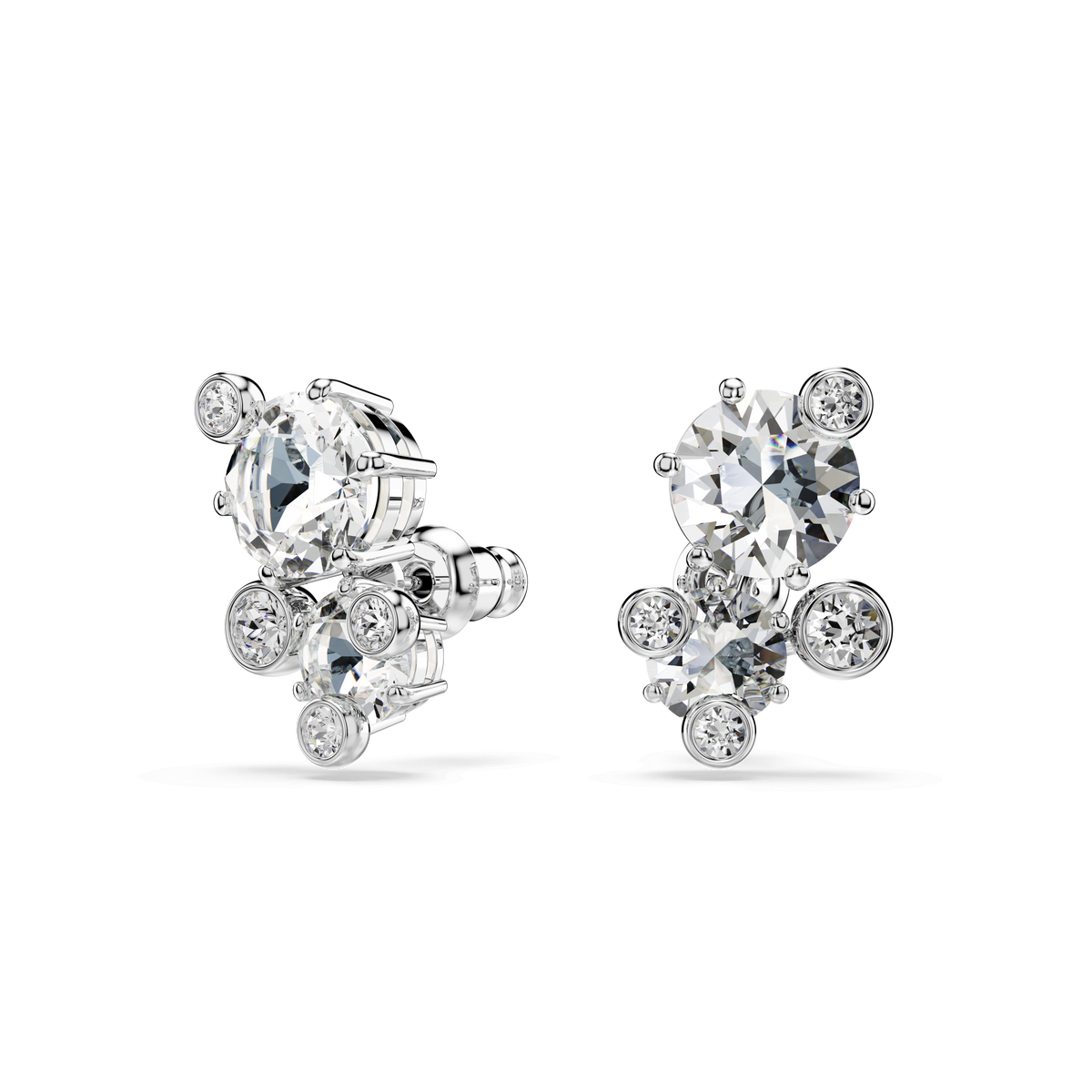 A pair of Swarovski Constella stud earrings, crafted with round-cut white crystals in a floral cluster design and finished with rhodium plating, is displayed on a plain white background.