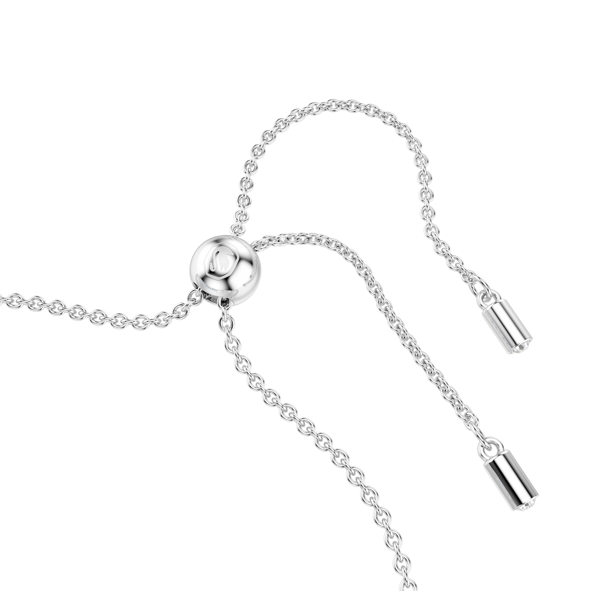 A close-up of the Swarovski Matrix bracelet, featuring mixed blue cuts and a rhodium plated adjustable chain with a round sliding clasp and two cylindrical end caps, set against a plain white background.