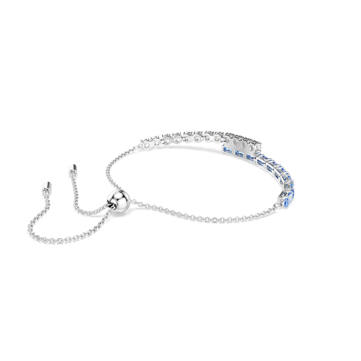 Introducing the Swarovski Matrix bracelet by Swarovski—a rhodium plated design featuring mixed cut clear and blue Swarovski Zirconia gemstones arranged along an adjustable chain in a classic tennis bracelet style.