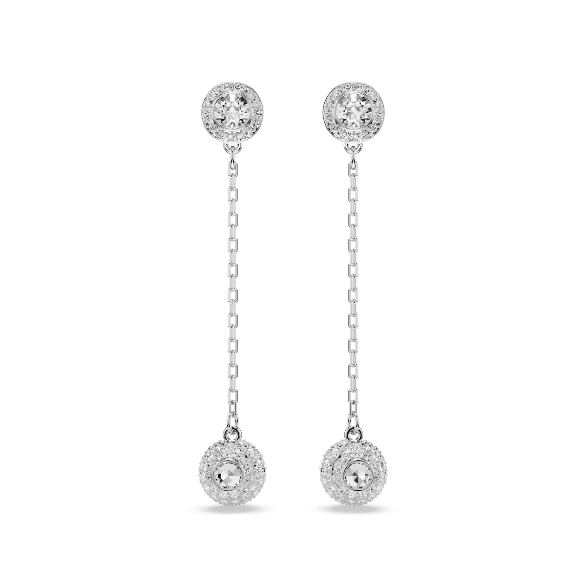 Swarovski Una Angelic drop earrings feature round-cut white crystals, with sparkling studs connected to matching crystals by delicate chain links. The elegant, symmetrical design is rhodium plated and beautifully displayed against a plain white background.