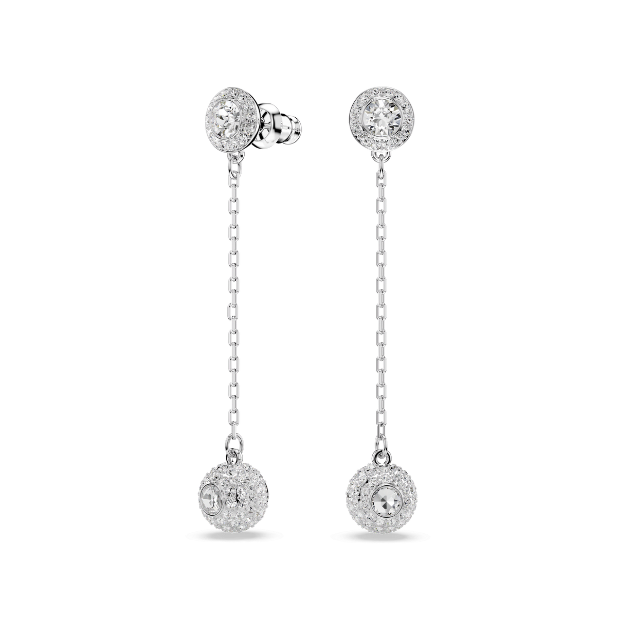 The Swarovski Una Angelic drop earrings feature a small, round stud and a delicate chain ending in a larger, textured sphere embellished with sparkling round-cut crystals. These rhodium-plated earrings by Swarovski showcase elegant brilliance, capturing the light beautifully from every angle.