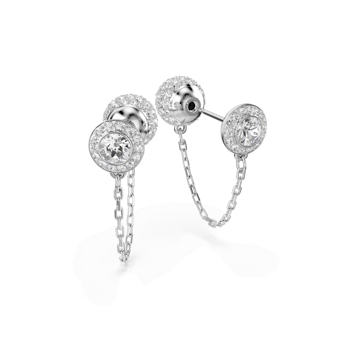 Introducing the Swarovski Una Angelic drop earrings: rhodium-plated, featuring dazzling round-cut white Swarovski crystals surrounded by smaller stones and delicately linked by chains—an elegant design from Swarovski displayed on a white background.