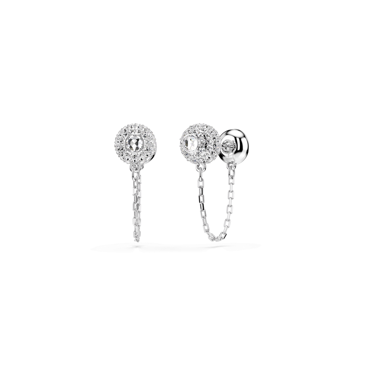 Two Swarovski Una Angelic drop earrings, crafted in a lustrous rhodium-plated setting, feature round-cut white crystals at their centers surrounded by smaller sparkling stones. Each earring is elegantly connected to secure backs with delicate chain links and is showcased against a plain white background.