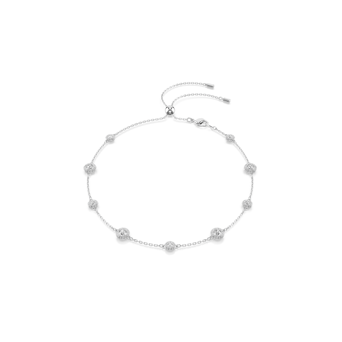 A delicate Swarovski Una Angelic necklace, crafted with rhodium plating, features evenly spaced round double-sided white crystal motifs in a brilliant cut. The necklace is displayed on a plain white background.