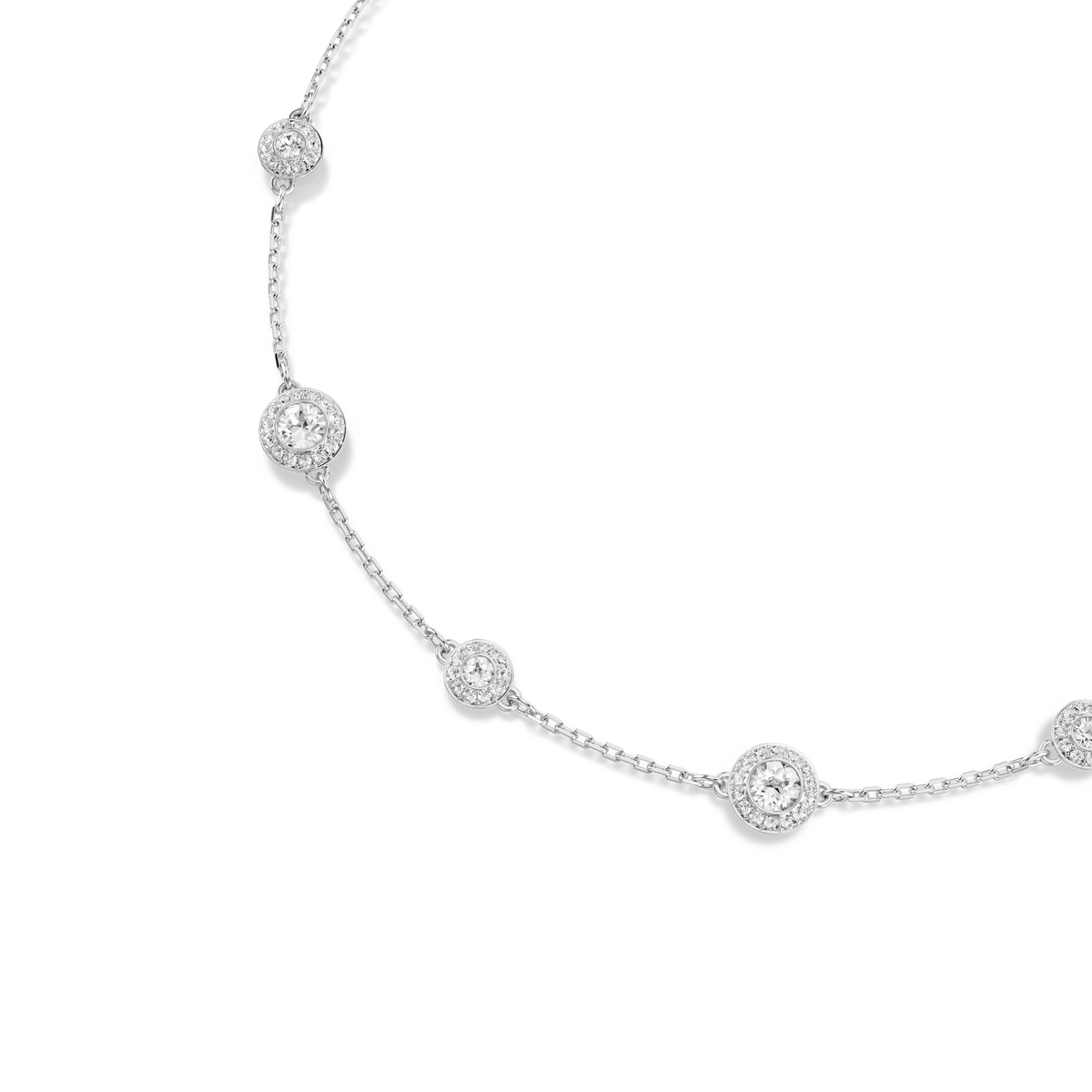 The Swarovski Una Angelic necklace features double-sided round-cut white crystals set in bezels along a fine rhodium plated chain.