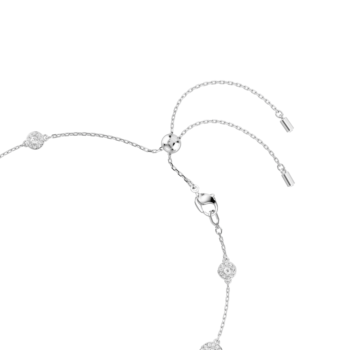 A delicate Swarovski Una Angelic necklace featuring round-cut, double-sided motifs in white rhodium plating, displayed on a plain white background.