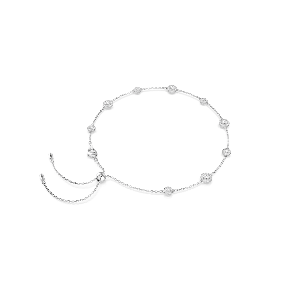 Swarovski Una Angelic necklace featuring double-sided round-cut motifs, crafted with white crystals and finished with rhodium plating, displayed on a white background.